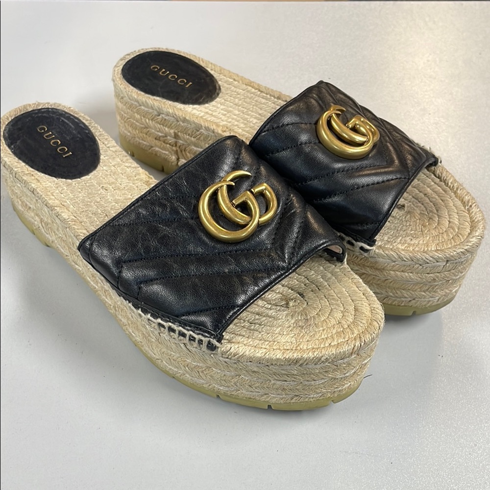 Gucci Black Leather Quilted GG Logo Espadrille Platform Slides